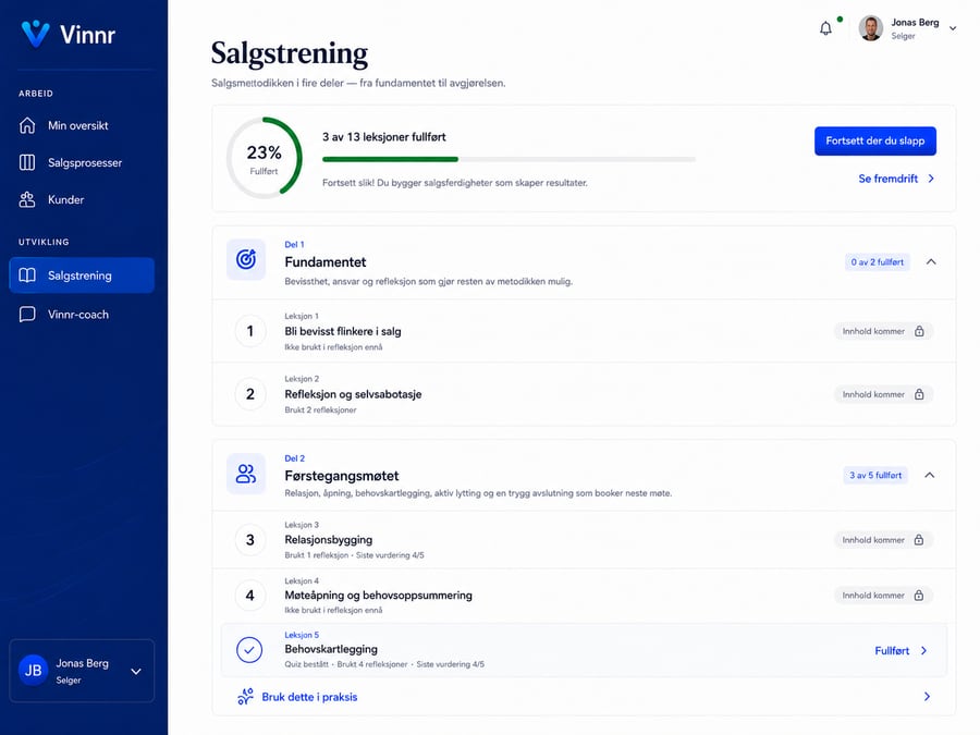 Skjermbilde av salgstreningen i Vinnr: fremdrift i prosent, delt inn i Del 1–4 med leksjoner, quiz-status og siste vurdering per leksjon.